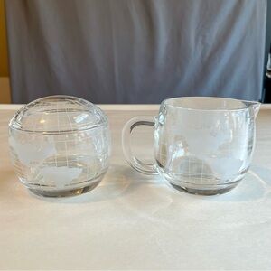Vintage 1970s Nestle Nescafe Clear Etched Glass World Globe Sugar & Creamer Set